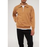 Ghassy Co. Erkek Polo Yaka Oversize Yarım Fermuarlı Sweatshirt - XL - Taba