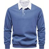 Ghassy Co. Erkek Retro Renk Bloklu Pamuklu Gömlek Yaka Sweatshirt - Mavi