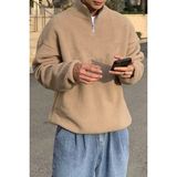 Ghassy Co. Erkek Ultra Isı Peluş Sherpa Oversize Yarım Metal Fermuar Lastik Ayarlı Polar Sweatshirt - Bej