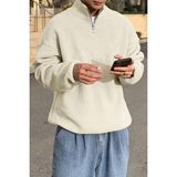 Ghassy Co. Erkek Ultra Isı Peluş Sherpa Oversize Yarım Metal Fermuar Lastik Ayarlı Polar Sweatshirt - Ekru