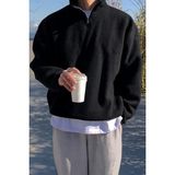 Ghassy Co. Erkek Ultra Isı Peluş Sherpa Oversize Yarım Metal Fermuar Lastik Ayarlı Polar Sweatshirt - Siyah