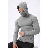 Ghassy Co. Erkek Yüz Maskeli Kapüşonlu Esnek Kumaş Pamuklu Uzun Kollu Spor Penye Tişört - 2XL - Açık Grı