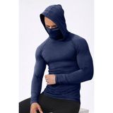 Ghassy Co. Erkek Yüz Maskeli Kapüşonlu Esnek Kumaş Pamuklu Uzun Kollu Spor Penye Tişört - 2XL - Lacivert