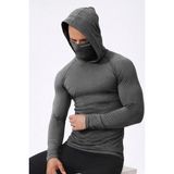 Ghassy Co. Erkek Yüz Maskeli Kapüşonlu Esnek Kumaş Pamuklu Uzun Kollu Spor Penye Tişört - XL - Füme