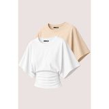 Ghassy Co. Ghassyco 2'li Kadın %100 Pamuklu Esnek Yarasa Kol Bele Oturan Bisiklet Yaka Yazlık Penye Spor Tişört - 2XL - Beyaz - Krem