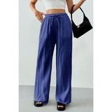 Ghassy Co. Kadın %100 Cotton Müslin Ultra Hafif Palazzo Model Geniş Paça Keten Karışım Pantolon - Lacivert