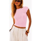 Ghassy Co. Kadın Basic Crop Bisiklet Yaka Slim Fit Esnek Kumaş Günlük Şık Yazlık Penye Spor Tişört - 2XL - Pembe