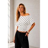 Ghassy Co. Kadın Düşük Omuz Pamuklu Likralı Yarasa Kol Bluz Günlük Modern Tasarım Spor T-Shirt - 2XL - Beyaz - Siyah