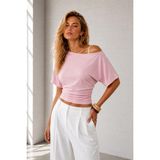 Ghassy Co. Kadın Düşük Omuz Pamuklu Likralı Yarasa Kol Bluz Günlük Modern Tasarım Spor T-Shirt - Pembe