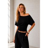GHASSY CO . Kadın Düşük Omuz Pamuklu Likralı Yarasa Kol Bluz Günlük Modern Tasarım Spor T-Shirt