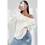 Ghassy Co. Kadın Kayık Yaka %100 Cotton 3 Iplik Şardonlu Termal Kışlık Spor Üst Model Sweatshirt - Beyaz