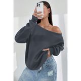 Ghassy Co. Kadın Kayık Yaka %100 Cotton 3 Iplik Şardonlu Termal Kışlık Spor Üst Model Sweatshirt - Füme