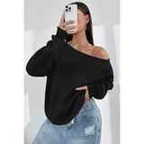 Ghassy Co. Kadın Kayık Yaka %100 Cotton 3 Iplik Şardonlu Termal Kışlık Spor Üst Model Sweatshirt - Siyah