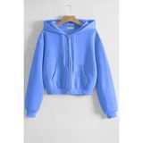 Ghassy Co. Kadın Pamuklu Crop Model Kanguru Cepli Sonbahar ve Ilkbahar Kapüşonlu Crop Sweatshirt - Açık Mavi