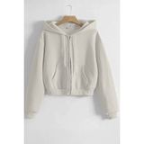 Ghassy Co. Kadın Pamuklu Crop Model Kanguru Cepli Sonbahar ve Ilkbahar Kapüşonlu Crop Sweatshirt - Ekru - XL