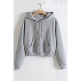 Ghassy Co. Kadın Pamuklu Crop Model Kanguru Cepli Sonbahar ve Ilkbahar Kapüşonlu Crop Sweatshirt - Gri - 2XL