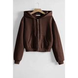 Ghassy Co. Kadın Pamuklu Crop Model Kanguru Cepli Sonbahar ve Ilkbahar Kapüşonlu Crop Sweatshirt - Kahve