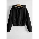 Ghassy Co. Kadın Pamuklu Crop Model Kanguru Cepli Sonbahar ve Ilkbahar Kapüşonlu Crop Sweatshirt - Siyah