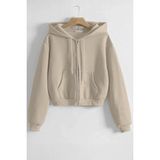 Ghassy Co. Kadın Pamuklu Crop Model Kanguru Cepli Sonbahar ve Ilkbahar Kapüşonlu Crop Sweatshirt - Taş - XL