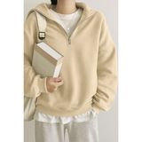 Ghassy Co. Kadın Pamuklu Oversize Silver Yarım Fermuarlı Sweatshirt - 2XL - Bej