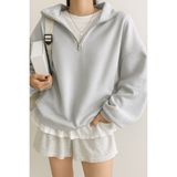 Ghassy Co. Kadın Pamuklu Oversize Silver Yarım Fermuarlı Sweatshirt - 2XL - Gri Melanj