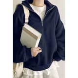 Ghassy Co. Kadın Pamuklu Oversize Silver Yarım Fermuarlı Sweatshirt - 2XL - Lacivert