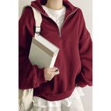 Ghassy Co. Kadın Pamuklu Oversize Silver Yarım Fermuarlı Sweatshirt BORDO