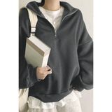 Ghassy Co. Kadın Pamuklu Oversize Silver Yarım Fermuarlı Sweatshirt FÜME