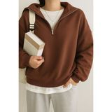 Ghassy Co. Kadın Pamuklu Oversize Silver Yarım Fermuarlı Sweatshirt KAHVE