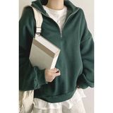 Ghassy Co. Kadın Pamuklu Oversize Silver Yarım Fermuarlı Sweatshirt Nefti