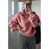 Ghassy Co. Kadın Ultra Isı Peluş Sherpa Oversize Yarım Metal Fermuar Lastik Ayarlı Polar Sweatshirt - 2XL - Pembe