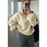 Ghassy Co. Kadın Ultra Isı Peluş Sherpa Oversize Yarım Metal Fermuar Lastik Ayarlı Polar Sweatshirt - 2XL - Taş