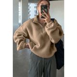 Ghassy Co. Kadın Ultra Isı Peluş Sherpa Oversize Yarım Metal Fermuar Lastik Ayarlı Polar Sweatshirt - Bej