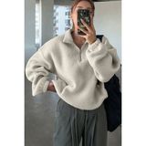 Ghassy Co. Kadın Ultra Isı Peluş Sherpa Oversize Yarım Metal Fermuar Lastik Ayarlı Polar Sweatshirt - Ekru