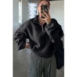 Ghassy Co. Kadın Ultra Isı Peluş Sherpa Oversize Yarım Metal Fermuar Lastik Ayarlı Polar Sweatshirt - Siyah