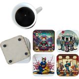 Ghostbastır Design Japon Geyşa Kediler Dekoratif Ahşap Bardak Altlığı Seti 098 - 0 - 1 lt
