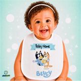 Ghostbastır Design Kişiye Özel Bluey Keten Bebek Mama Önlüğü – Yumuşak, Emici, Yıkanabilir, Özel Tasarım P076 - Çok Renkli - 0+ Ay