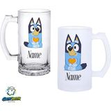 Ghostbastır Design Kişiye Özel Bluey Kulplu Bira Bardağı Buzlu Veya Şeffaf Seçenekli 0315 - 500 ml
