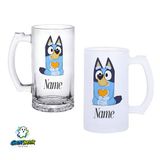 Ghostbastır Design Kişiye Özel Bluey Kulplu Bira Bardağı Buzlu veya Şeffaf Seçenekli 0315