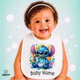 Ghostbastır Design Kişiye Özel Stitch Keten Bebek Mama Önlüğü – Yumuşak, Emici, Yıkanabilir, Özel Tasarım P108 - Çok Renkli - 0+ Ay
