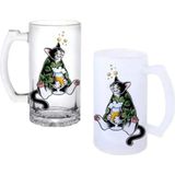 Ghostbastır Design Sarhoş Kedi Kulplu Bira Bardağı Buzlu Veya Şeffaf Seçenekli 0194 - 1 Adet - 500 ml