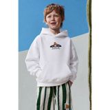 GIA - ART Erkek Çocuk Oversize Hoodie Car Bear Baskılı Beyaz – Kapüşonlu, Cepli, 3 İplik Polar
