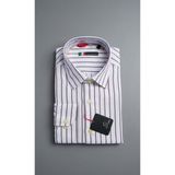 Gianco Mardini Erkek Beyaz Bordo Çizgili Pamuklu Regular Slim Gömlek - Desenli Kumaş