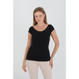 GIANT BASIC Kayık Yaka Kısa Kollu Omzu Açık Siyah Bluz/Badi/T-shirt