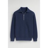 Gibson Oversize Yarım Fermuar Gömlek Polo Yaka Selanik Örme Erkek Triko Kazak - Indigo - XL