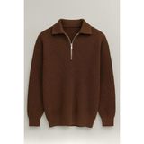 Gibson Oversize Yarım Fermuar Gömlek Polo Yaka Selanik Örme Erkek Triko Kazak - Kahve - XL