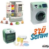 Giffy 3’lü Evcilik ve Mutfak Oyun Seti | Buhar Atan Oyuncak Buzdolabı + Sesli Işıklı Bulaşık & Dokunmatik Çamaşır Makinesi | Eğitici, Led’li, Pilli - Yeşil - Beyaz