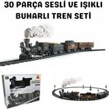 Giffy Işıklı Sesli Buharlı Tren Seti 30 Parça – Gerçek Buhar Efektli, Klasik Lokomotif Oyuncak Tren (135 cm Ray) - Siyah