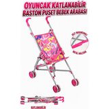 Giffy Oyuncak Bebek Arabası Katlanabilir Metal Puset Gölgelikli Sepetli Beşikli ve Baston 4 Farklı Model Seçeneği - Açık Pembe