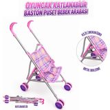 Giffy Oyuncak Bebek Arabası Katlanabilir Metal Puset Gölgelikli Sepetli Beşikli ve Baston 4 Farklı Model Seçeneği - Mor